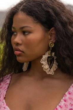 LSF LoveShackFancy X Lova Gold Heart Beige Lace Fringe Earrings